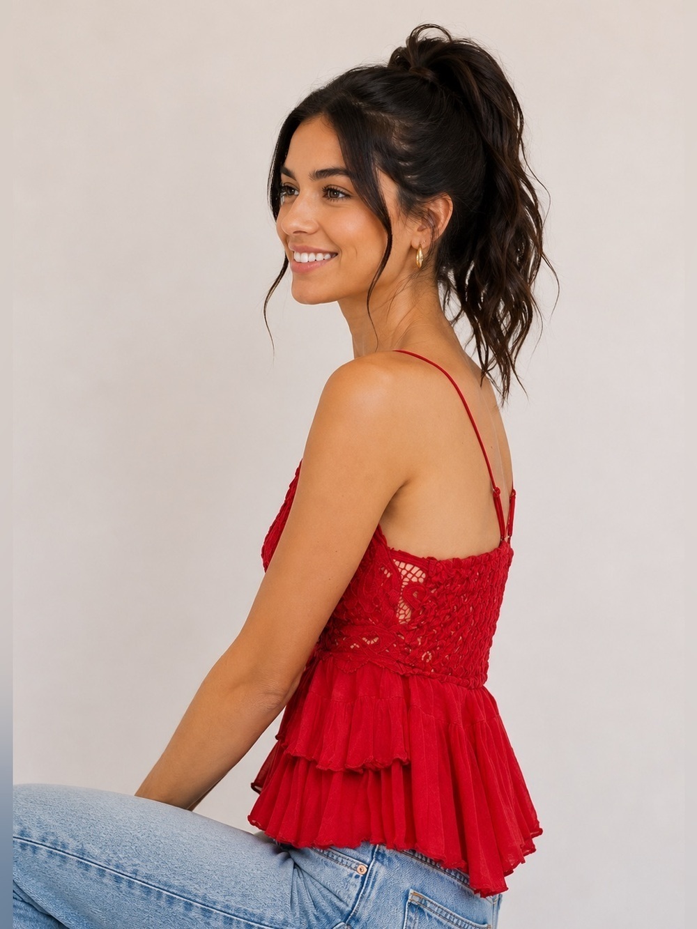 NWT Free People Women’s Adella Lace Ruffled Cami Top Cherry Red Size X-Small - Picture 8 of 13